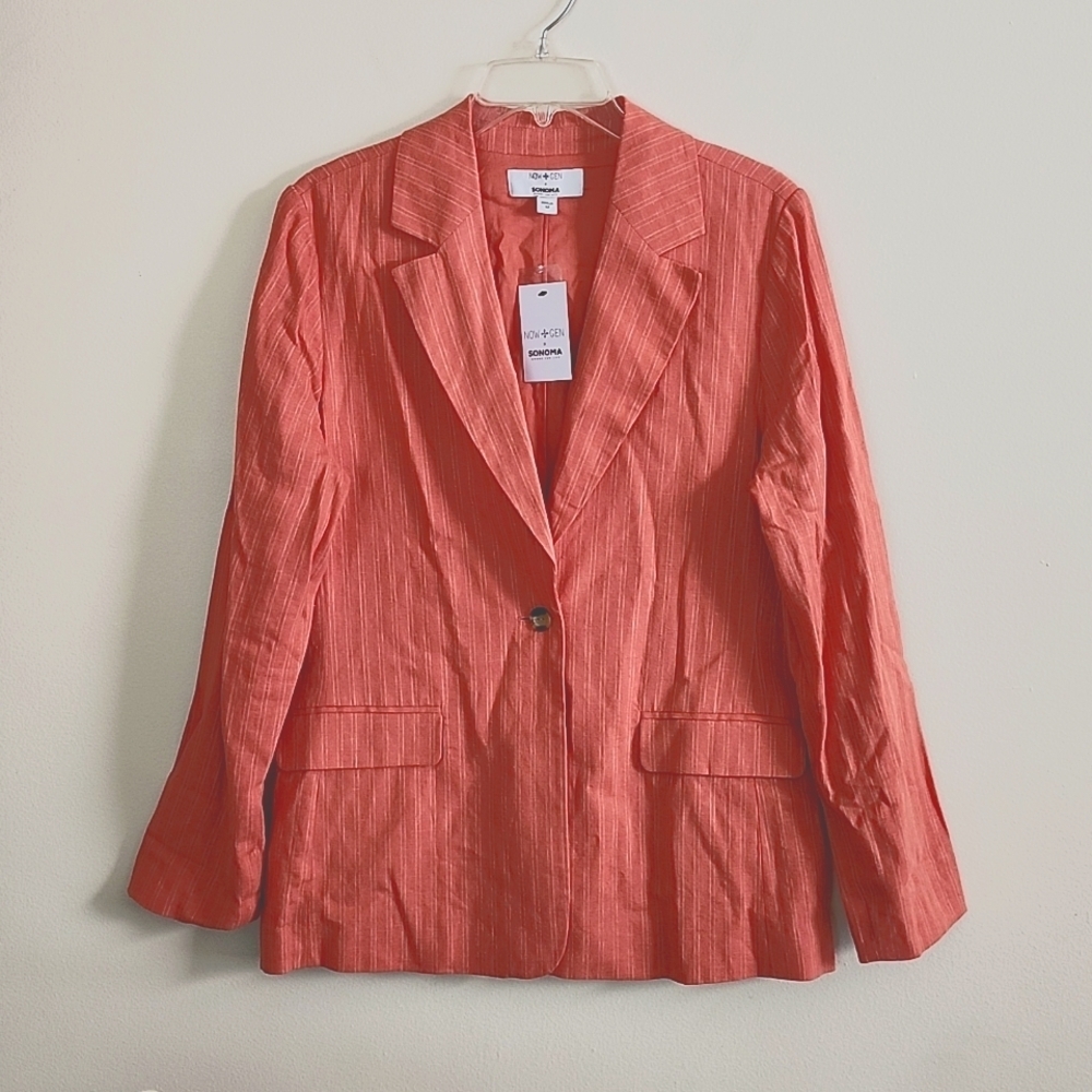 Sonoma linen viscose single button blazer orangy pink with cream pinstripe med
